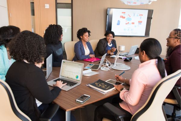 Group of employees actively involved in a training activity.

