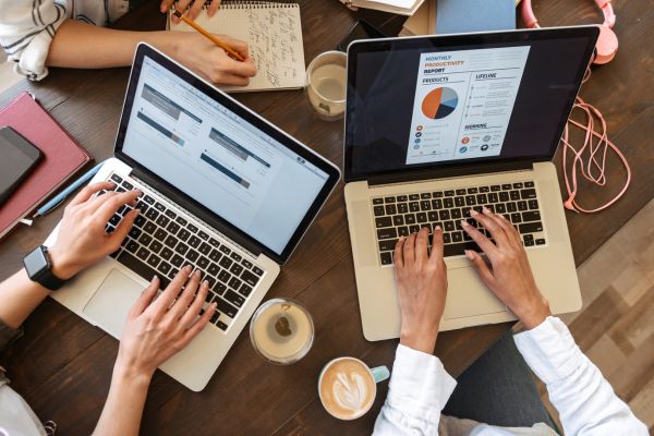 HR professional reviewing charts and graphs on a computer screen.
