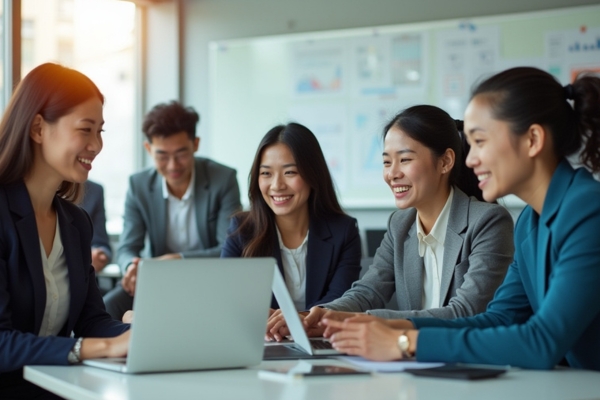 Employees in a team activity aligning actions with corporate values.