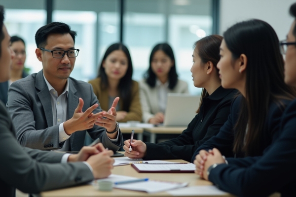 Employees learning conflict management techniques in a structured HR training.