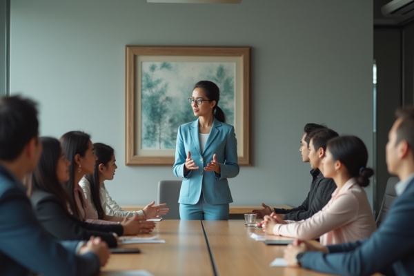 Employees role-playing leadership scenarios in a structured corporate setting.